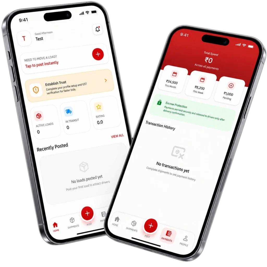 TruxHire Partner app screens showing load posting and payment dashboard